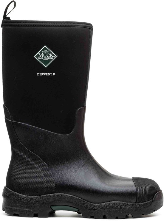 Zwarte Muck Boot Derwent II laars met een groene zool en logo op de kuit.