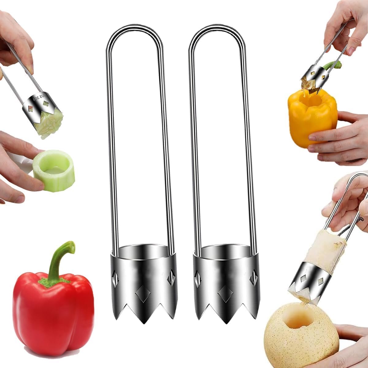 Deze tweedelige peperontpitterset is gemaakt van roestvrij staal, de zaden en pitten uit pepers, jalapeño's, ananassen, peren en ander fruit.