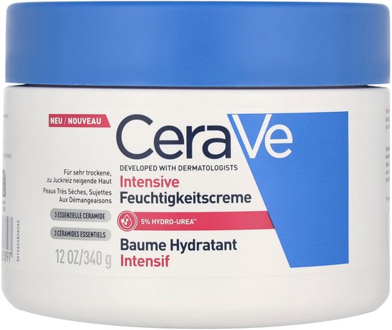 Witte pot CeraVe Intensieve Feuchtigkeitscréme met blauwe dop. Tekst: 'Intensive Feuchtigkeitscréme', '5% Hydro-Urea'.