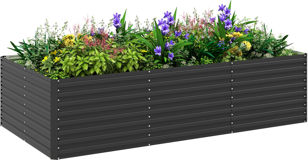 Killogood Rechthoekige gegalvaniseerde verhoogde plantenbak voor buitengebruik - open bodem - 240 x 120 x 60cm - Grijs