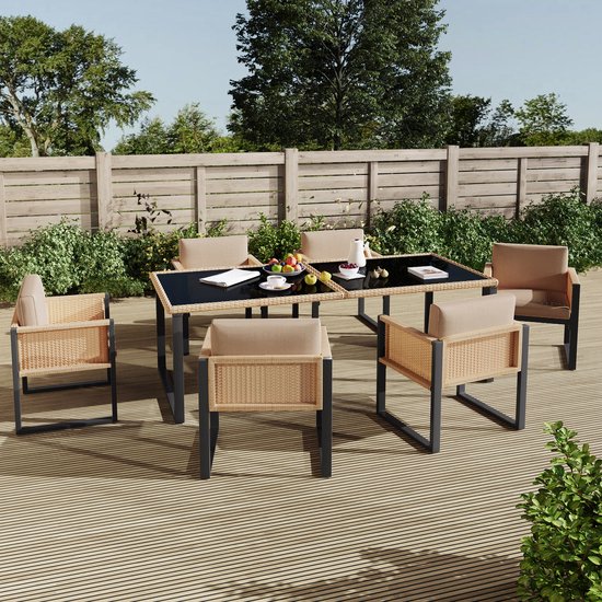 Polyrattan Tuin Eettafelset - 6 Personen - Afneembare Stoffenhoezen - Tuinmeubelen