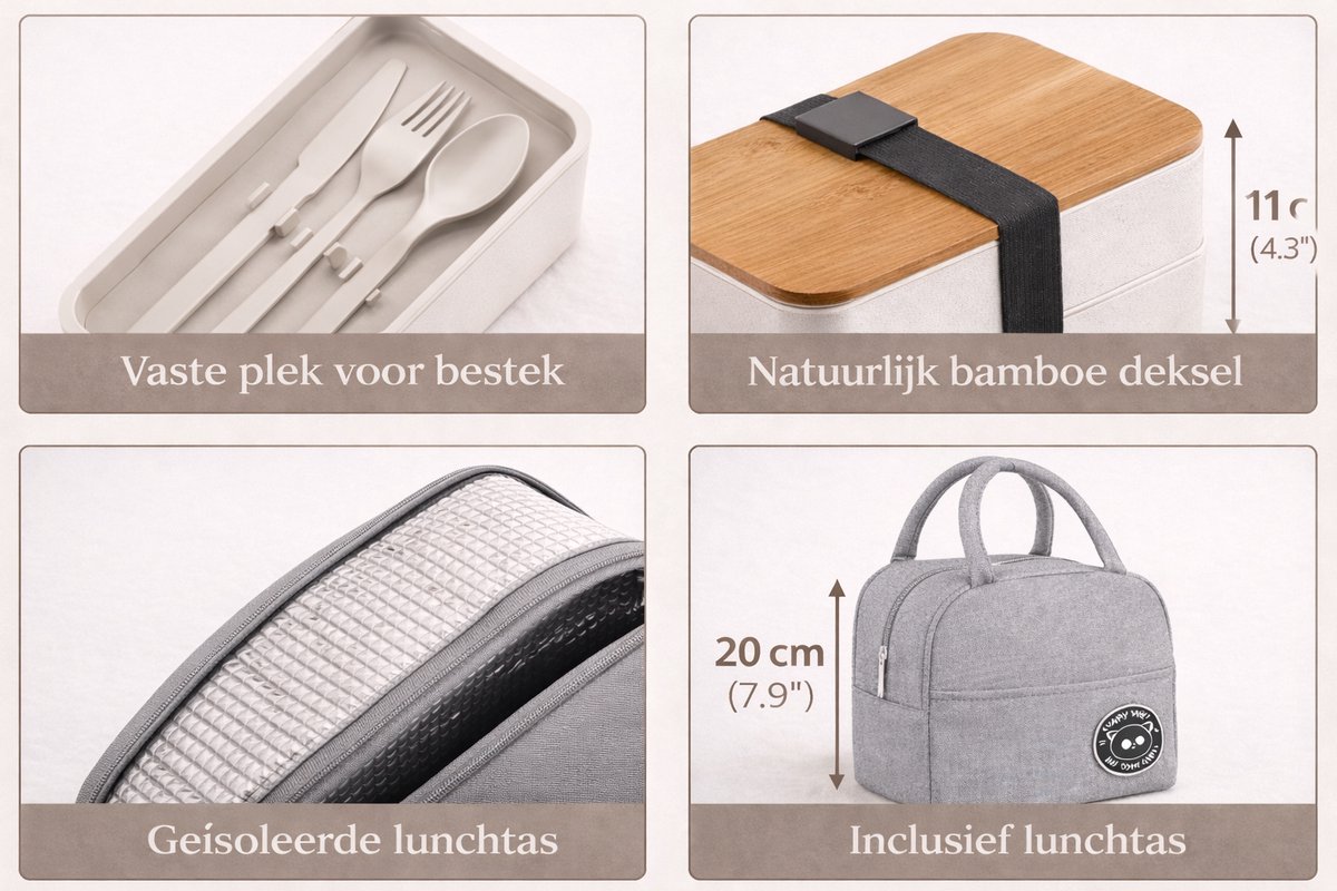 Lunchbox Set met Tas – 2 Laags Lunchbox (1200 ml) met Bamboe Deksel & Bestek – Inclusief Geïsoleerde Draagtas – Wit met Grijze Tas — cadeau in Koken & Dineren - foto 4