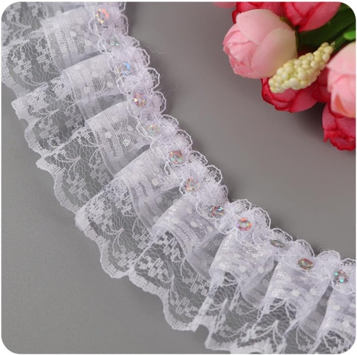 Lace Border met Sequins en Elastische Band voor DIY Naaiprojecten en Bruiloftdecoratie - Wit, 5 Yards, Plooiende Kant en Mesh Tape