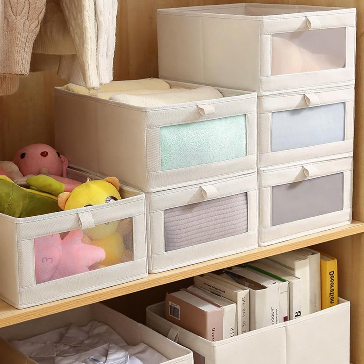 Set van 4 opvouwbare opbergdozen voor kledingorganisatie, beige