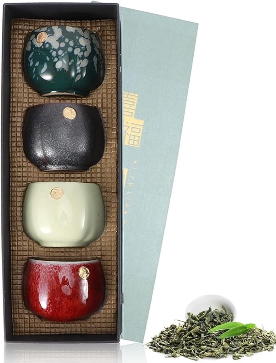 Set van 4 keramische theekopjes met retro design en antislip grip