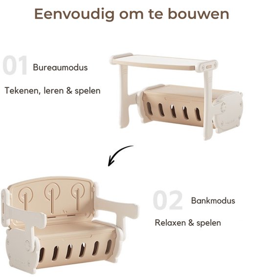 Illustratie die de transformatie van beige kinderbureau naar bankje toont, met tekst 'Bureau modus' en 'Bank modus'.