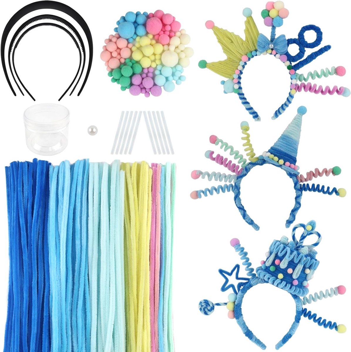 330 Stuks Pijpenragers Set voor DIY Haarbanden met Video Tutorial - Blauwe Haarband Decoratie en Accessoires voor Ambachten, Verjaardagscadeau en Handgemaakte Haarbanden in 3 Stijlen