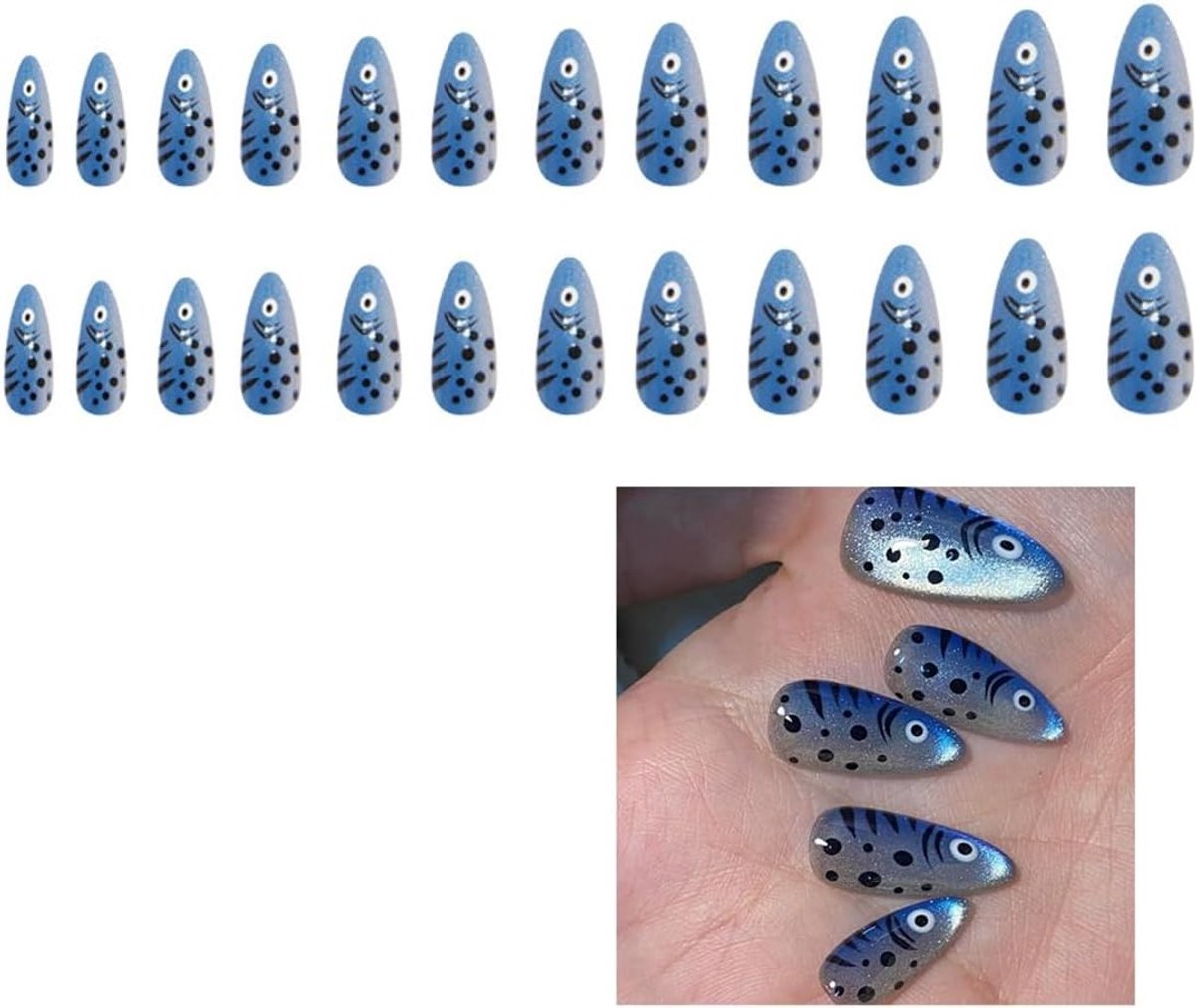 Set van 24 korte amandelvormige Franse nepnagels met 3D diepzeevissen, zachte gel en nageltips voor een perfecte manicure