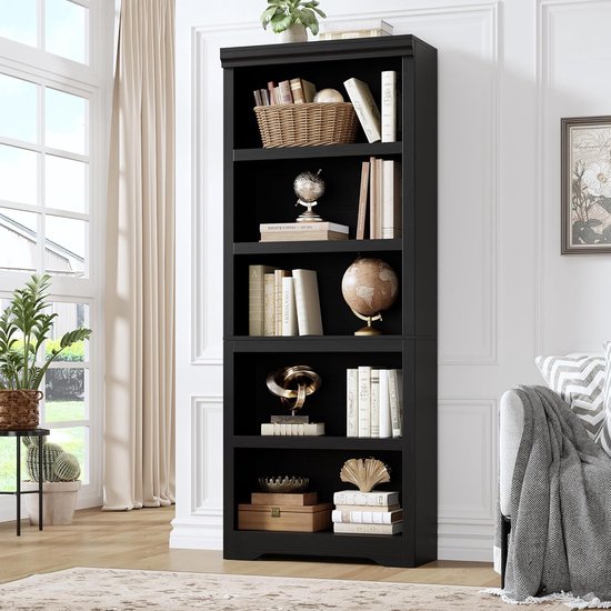 Hoge Boekenkast met 5 Planken - Zwart Open Vakkenkast met Verstelbare Planken - Opbergkast voor Woonkamer, Kantoor & Slaapkamer - ca. 175 cm Hoog