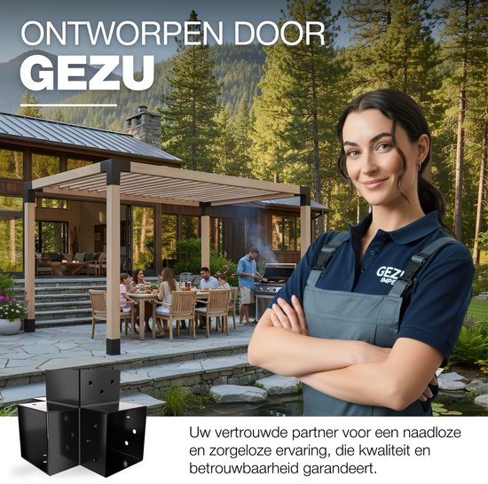 Een vrouw in GeZu Impex uniform staat voor een pergola, met zwarte paalverbinders. Zwarte paalverbinders op de voorgrond.