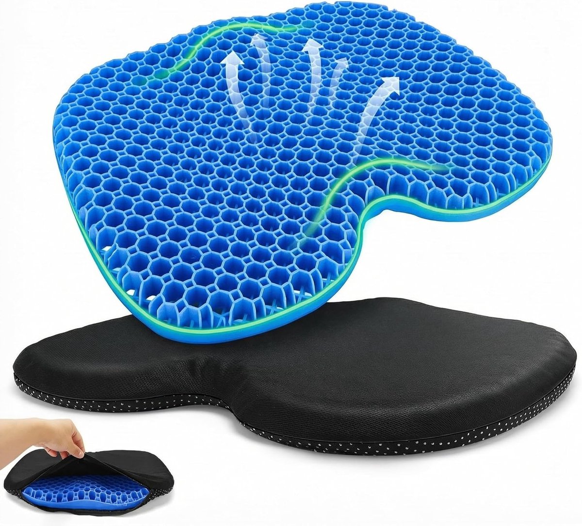 Extra grote orthopedische gelkussen, zitkussen 48 x 38 x 5 cm, honingraatstructuur voor optimale ondersteuning, ideaal voor auto, bureaustoel en comfort tijdens lange ritten
