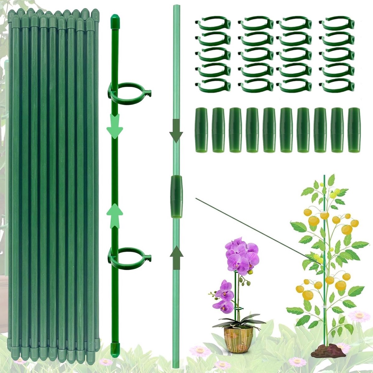 Set van 20 Plant Steunen met Carabiner Haken en 10 Verlengbuizen voor Tomaten en Orchideeën, Ideaal voor Klimplanten en Tuinondersteuning