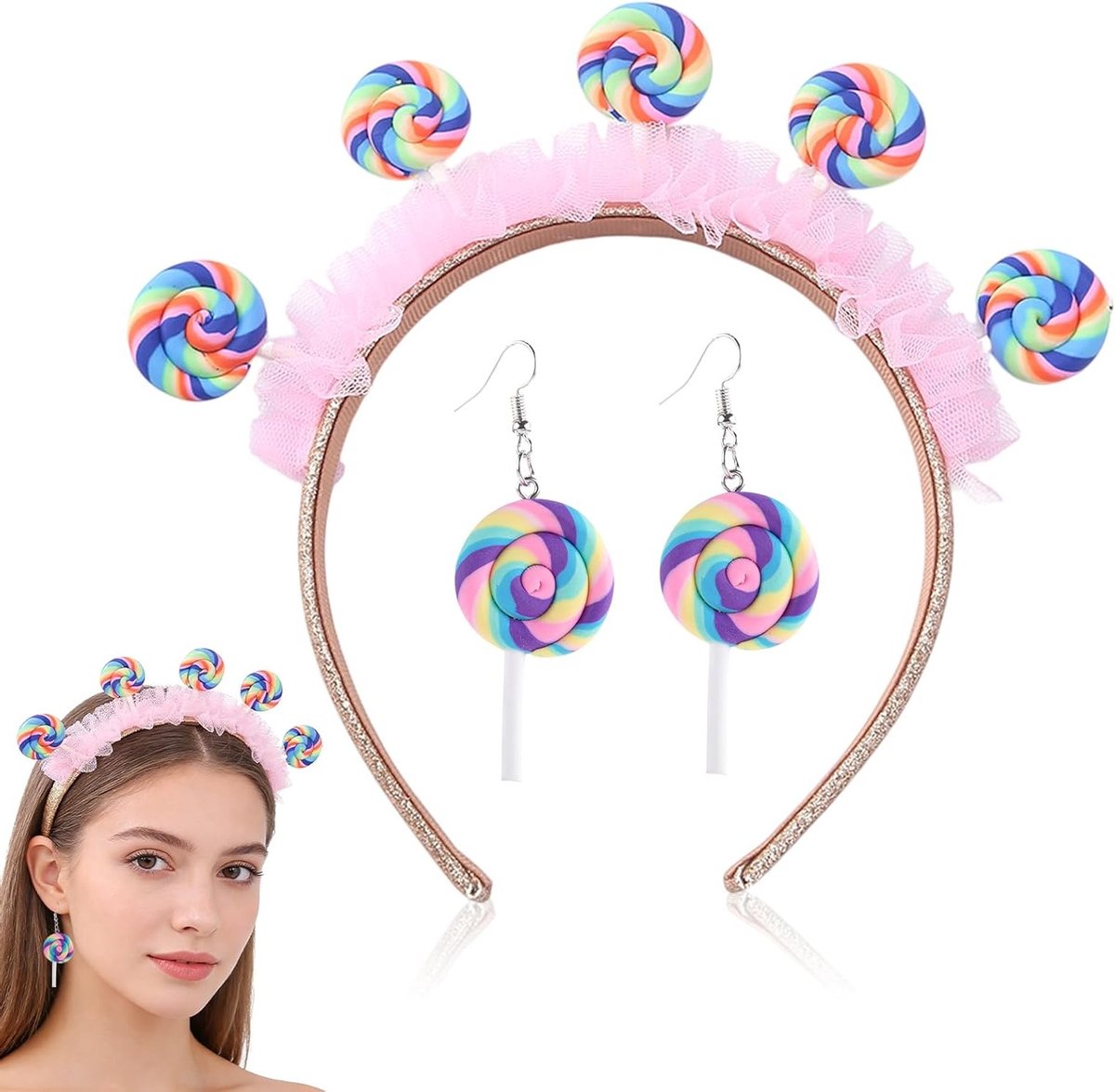 Kleurrijke Lollipop Haarband en Oorbellen Set voor Carnaval, Fasching en Feestjes - Perfect voor Candy Kostuums en Vrouwelijke Verkleedpartijen