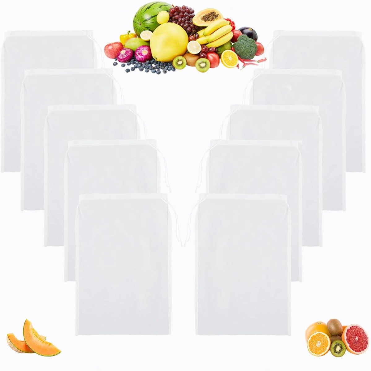 Herbruikbare Notenmelkzakken Set van 10, 20 x 30 cm, Fijnmazig Nylon Filter voor Melk, Yoghurt, Groenten en Sap
