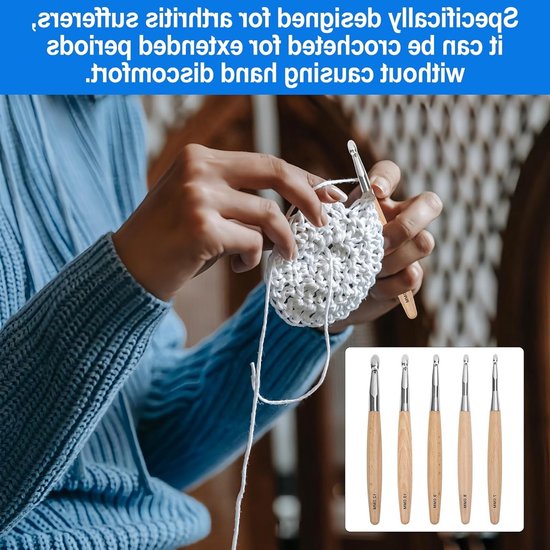 Set van 5 Ergonomische Haaknaalden van 7mm tot 12mm voor Comfortabel Haken, Ideaal voor Beginners en Gevorderden, Inclusief Aluminium en Houten Opties — afbeelding 3