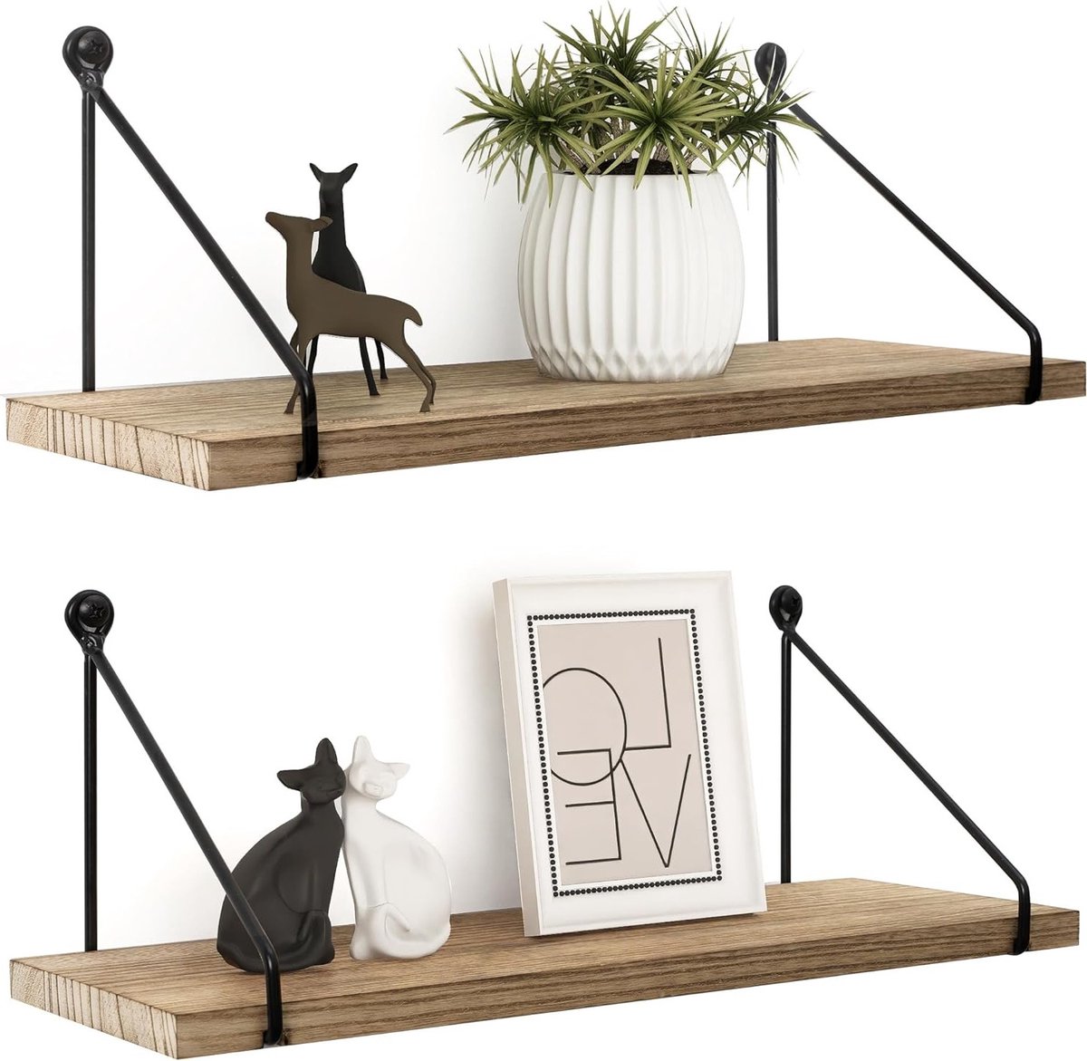 Wandplank van Hout en Metaal in Rustieke Stijl, Set van 2 voor Badkamer, Keuken en Woonkamer