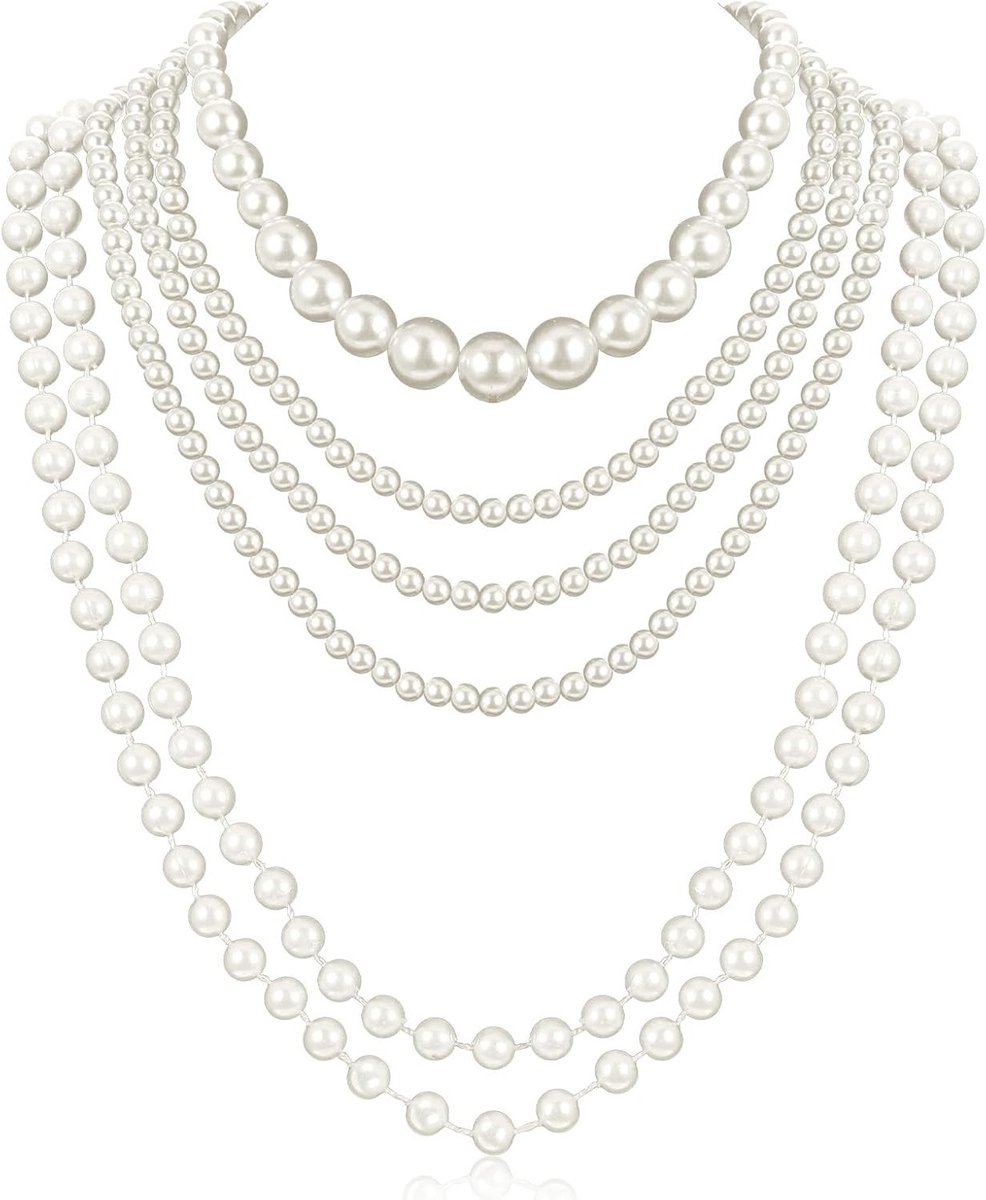 Elegante Lange Parelsnoer Set van 6 Stuks, Vintage Faux Parels voor 1920s Flapper Kostuum, Perfect voor Bruiloften en Feestjes