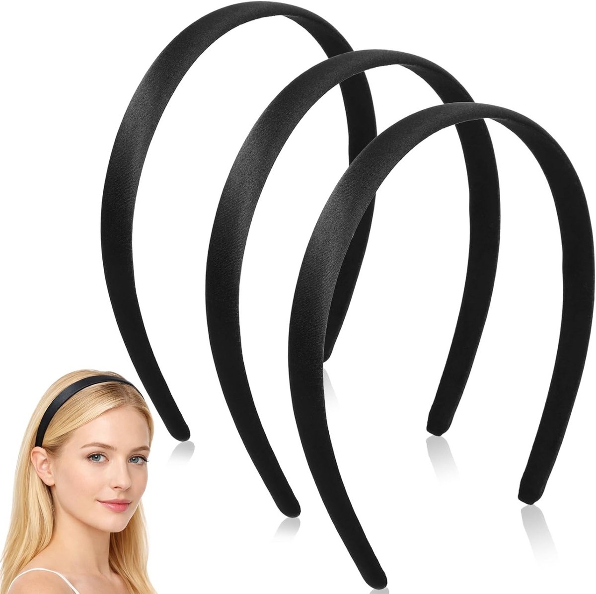 3 Stuks Zwarte Satijnen Haarbanden voor Vrouwen, Brede Niet-Slip Haarbanden voor Cosplay en Feestdagen, Perfect voor Valentijnsdag en Modeaccessoires
