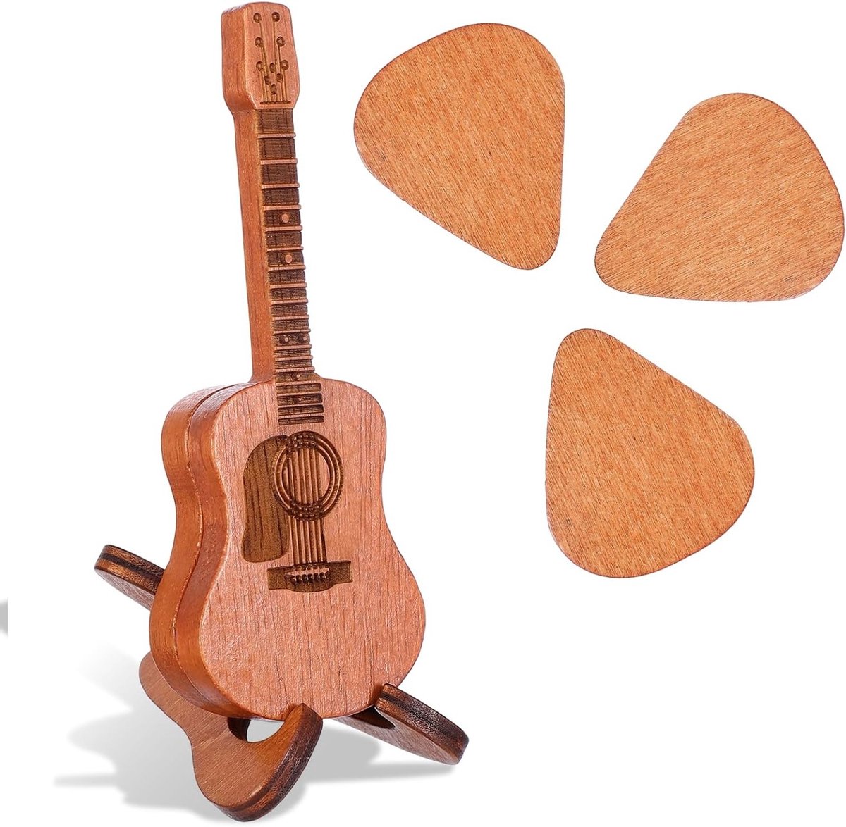 Set van 3 Houten Plectrums voor Gitaar met Houder en Mini Koffer - Ideaal voor Elektrische en Akoestische Gitaren, Perfecte Accessoires voor Muzikanten