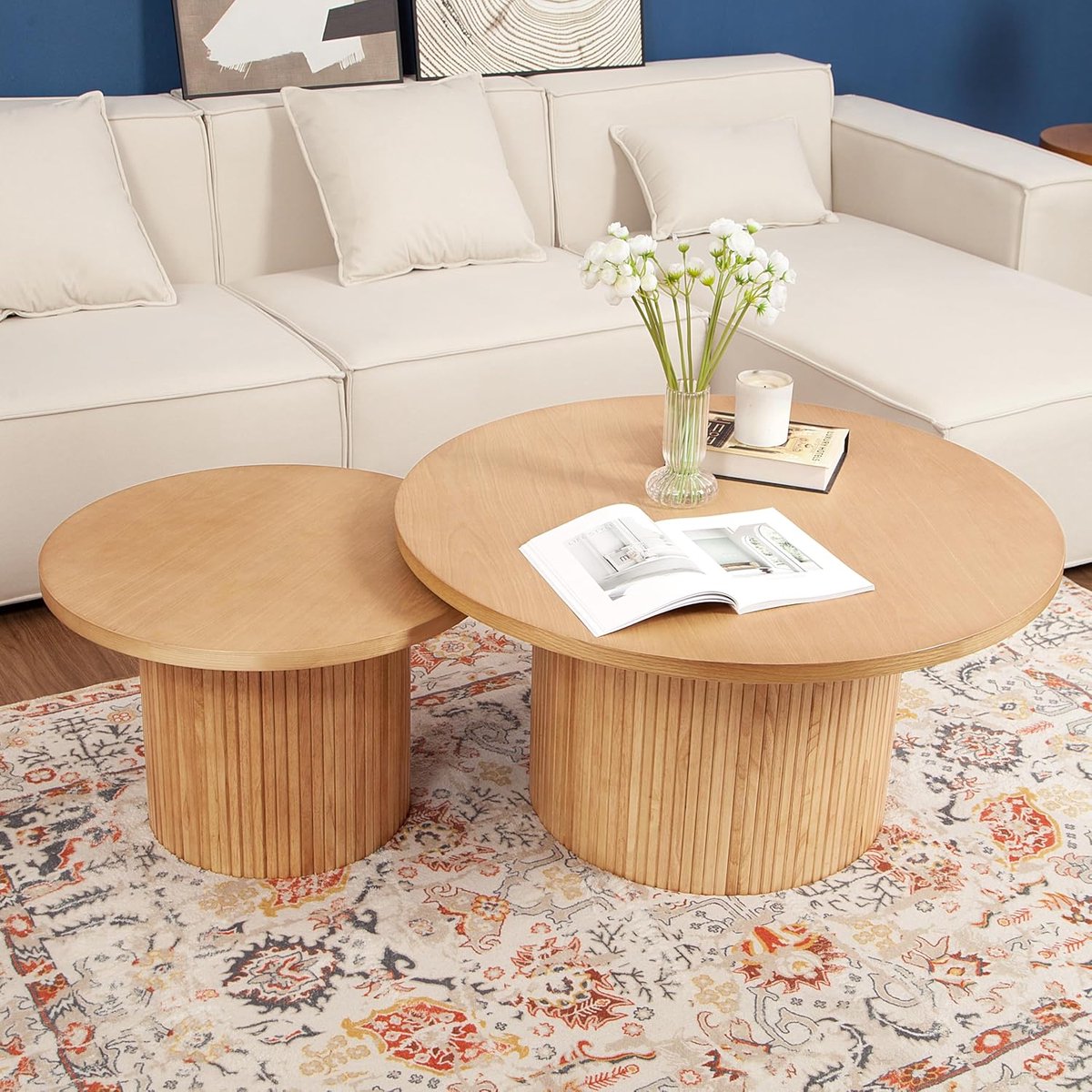 Salontafel Set van 2 Rond – 90 cm & 60 cm – Houten Design Woonkamertafel – Moderne Nesting Tafels met Stevige Zuilvoet – 90x90x45 cm & 60x60x40 cm – Faisal