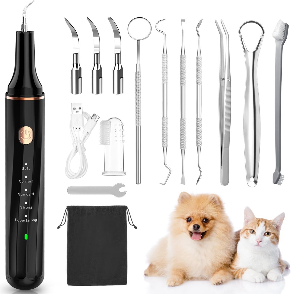 Ultrasone Tandsteenverwijderaar voor Honden – 14-delige Tandreinigingsset – Elektrische Tandenreiniger met 5 Standen en LED Licht – Inclusief Tandenborstel – Zwart