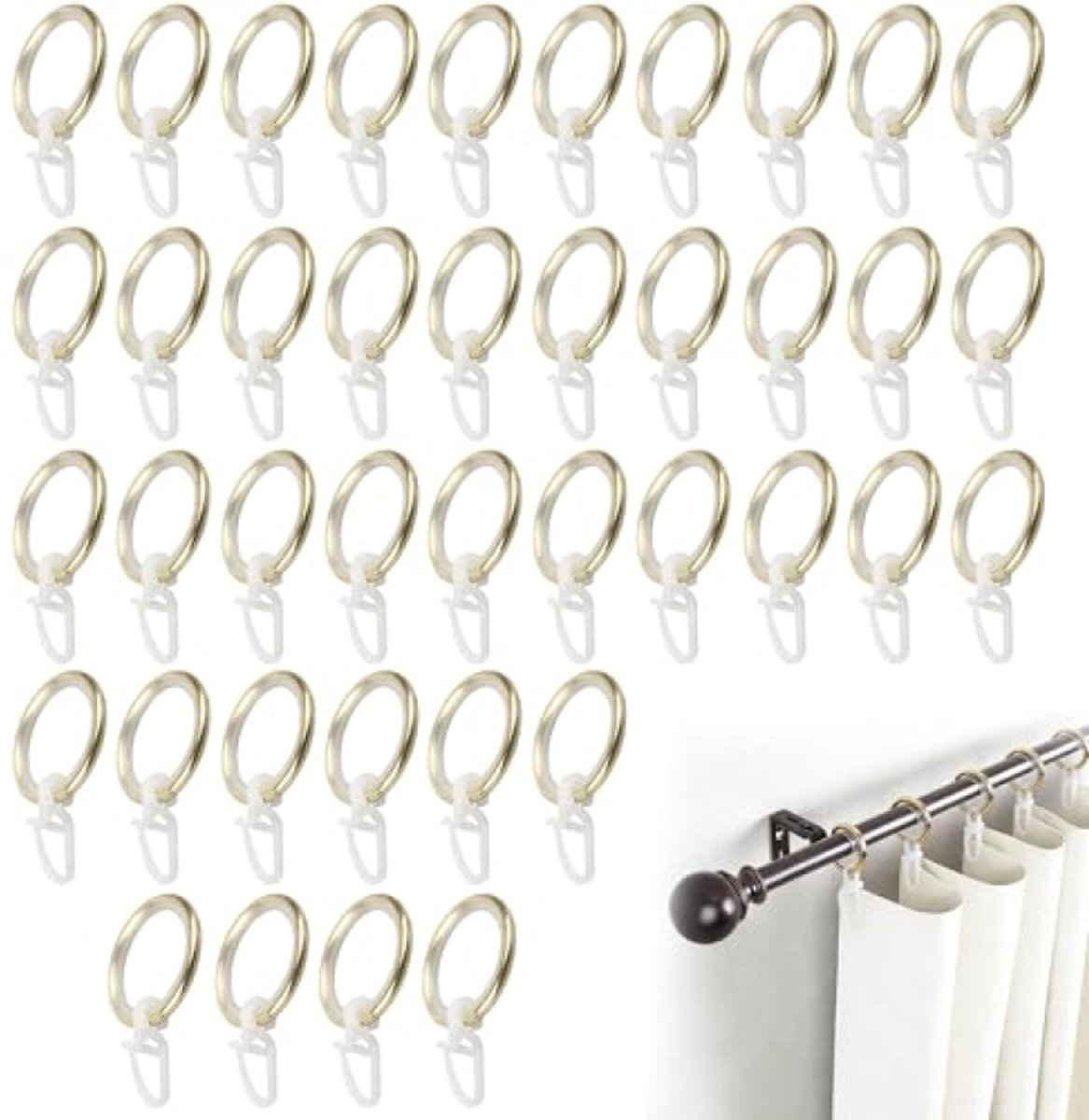40 stuks gordijnringen met haken, goud, 27 mm binnendiameter, metaal, voor gordijnroedes