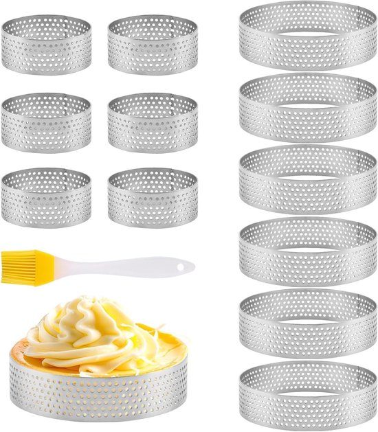 12 Stuks Crumpet Ringen met Anti-aanbaklaag, Geperforeerde Taartringen voor Taarten en Mini-Pizza's, Ronde Kookringen van Roestvrij Staal, Perfect voor Bakken en Cakemousse