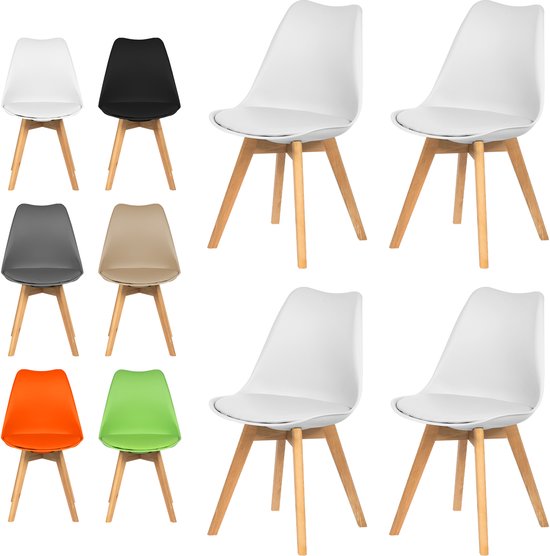 Witte, zwarte, grijze, taupe, oranje en groene stoelen met houten poten.