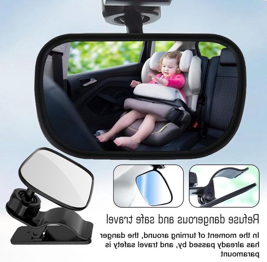 Autobinnenspiegel - Groothoekontwerp - Spiegel voor observatie achterbank - 360° draaibaar - Met clipbevestiging - Geschikt voor de meeste automodellen - Zwart — afbeelding 2