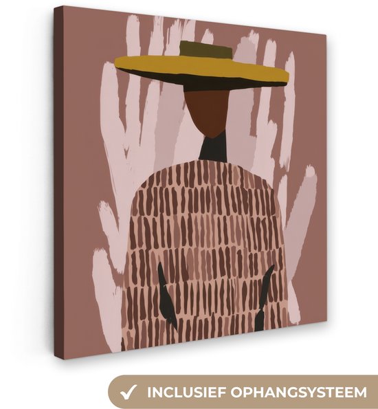 Abstract figuur met hoed en gebreide trui op bruine achtergrond met lichte vegen.