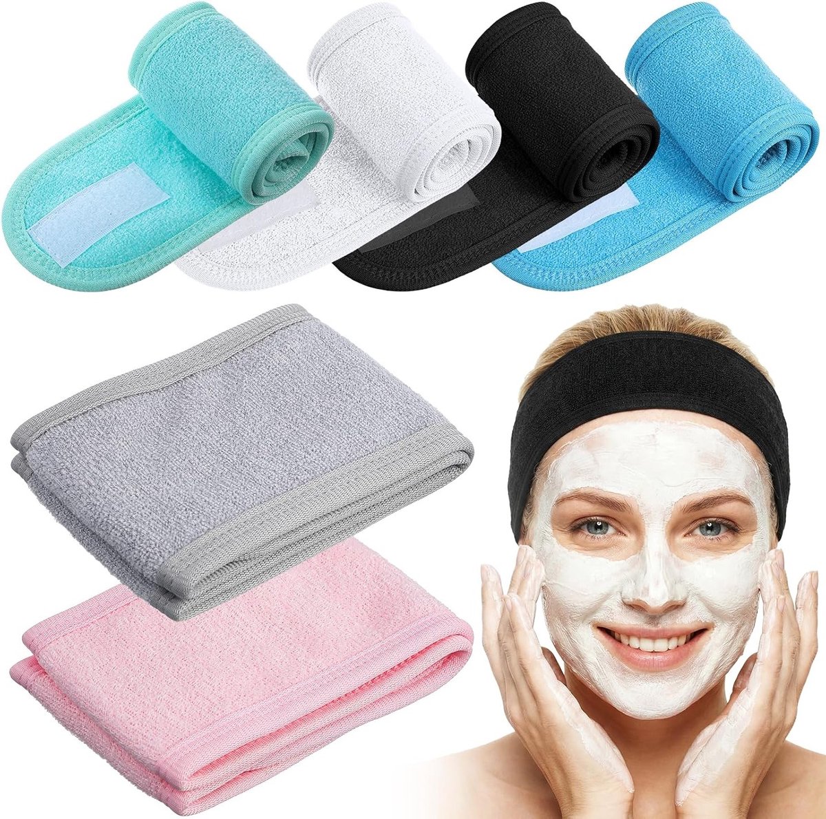 Verstelbare gezichtshaarbanden voor dames - 6-pack make-up en huidverzorging haarbanden, ideaal voor gezichtsbehandelingen en schoonheidsroutine, perfect als cadeau voor vrouwen en meisjes (grijs/groen)