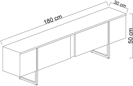 Technische tekening van een donkergrijs tv-meubel met gouden poten, met afmetingen.
