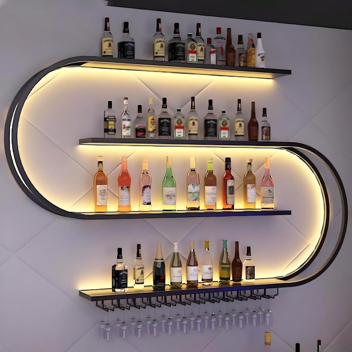 Wandgemonteerd Wijnrek Halfrond Industrieel 200 cm – Multifunctioneel Metalen Wijnrek met Wijnglashouders – Bar, Keuken & Café Decoratie Opbergrek – Zwart – HomebyNicole