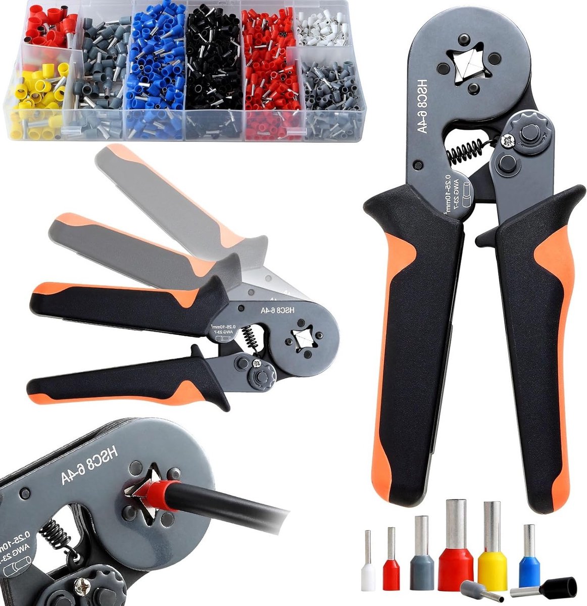Professionele krimptang met 1250 kabelschoenen, ideaal voor elektrische installaties, 0.25-10mm² (AWG 23-7), ergonomische handgreep