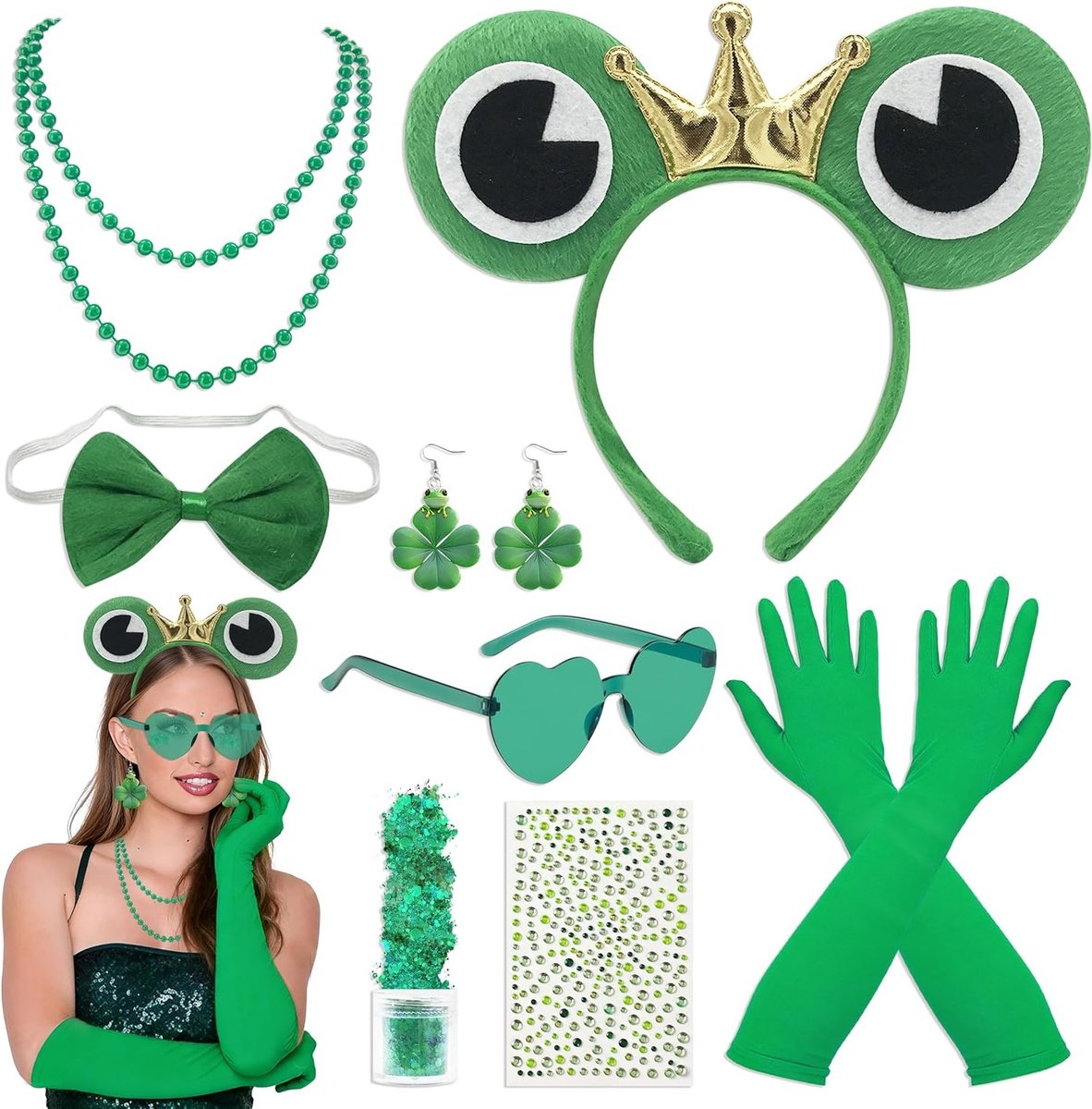 Dames Kikker Kostuum met 8 Accessoires, inclusief Haarband, Oorbellen, Ketting, Strik, Groene Bril en Handschoenen voor Feestjes en Verkleedpartijen
