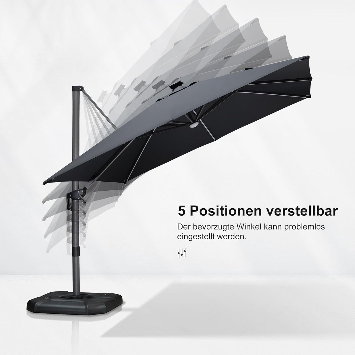 Zweefparasol met LED Verlichting 300x300 cm – Aluminium Tuinparasol met Voet, 360° Draaibaar, UV-Bestendig, Solar LED, Waterafstotend Polyester, Vierkant – Grijs – Faisal