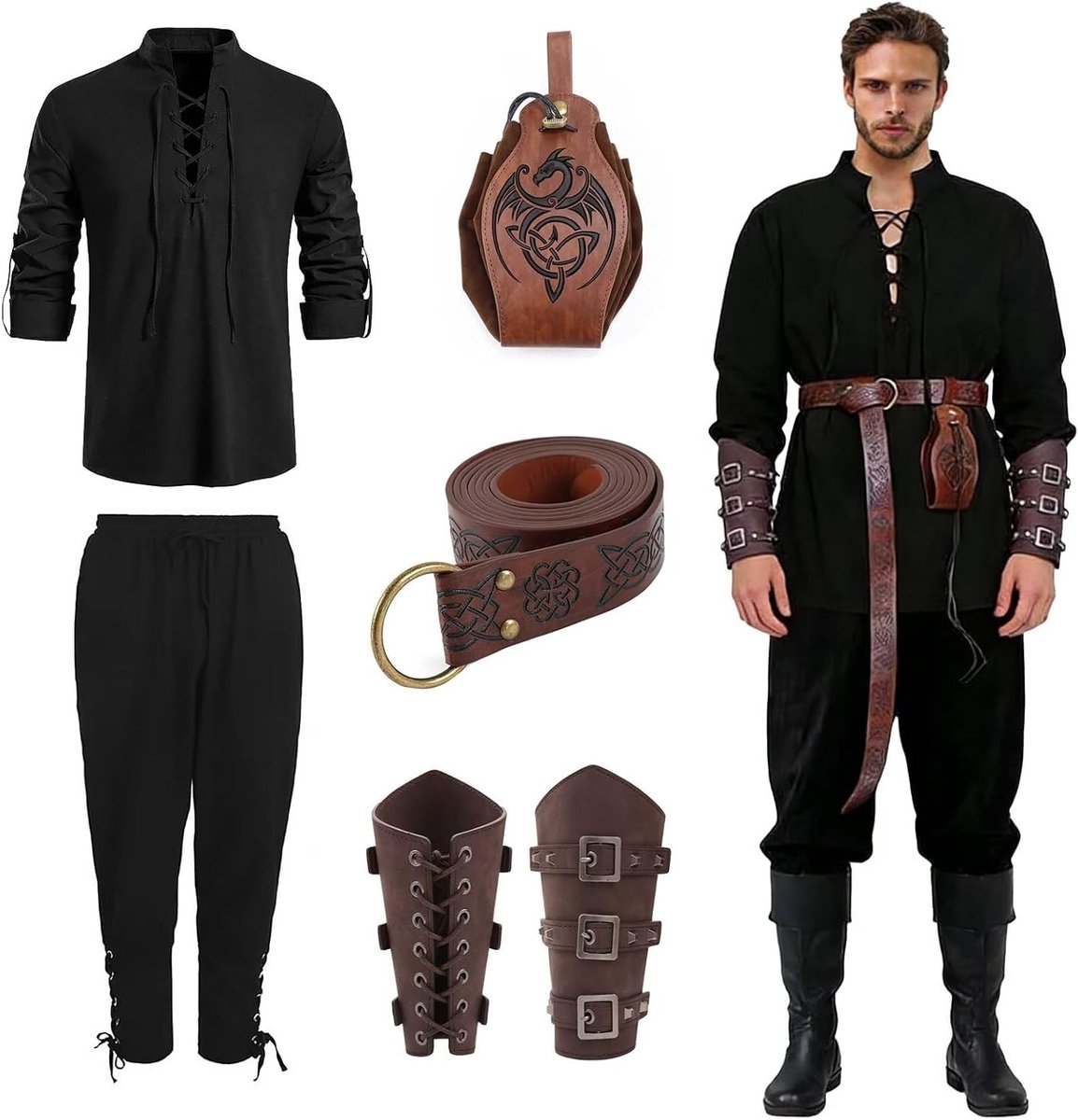 Set van 5 Stuks Middeleeuwse Kleding voor Mannen - Renaissance Viking Kostuum met Shirt, Broek, Riem, Polsbeschermer en Tas voor Carnaval, Piraten en Cosplay