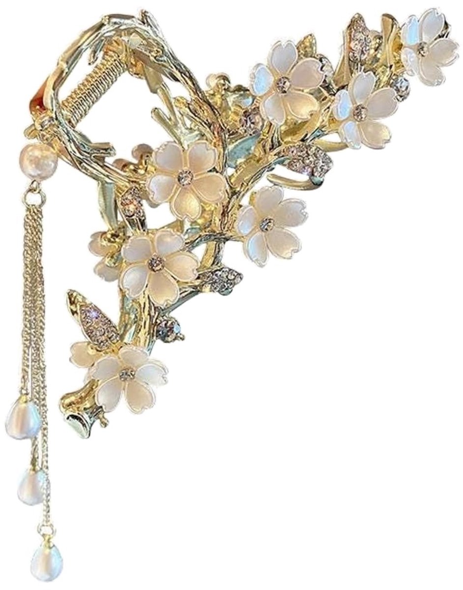 aladdien - Elegant Blumen Hair Clammer - Haaraccessoires - Sterke grip - Goudkleurig - Haarclip voor dik haar - Dutt holder met parels - Geschikt vo...