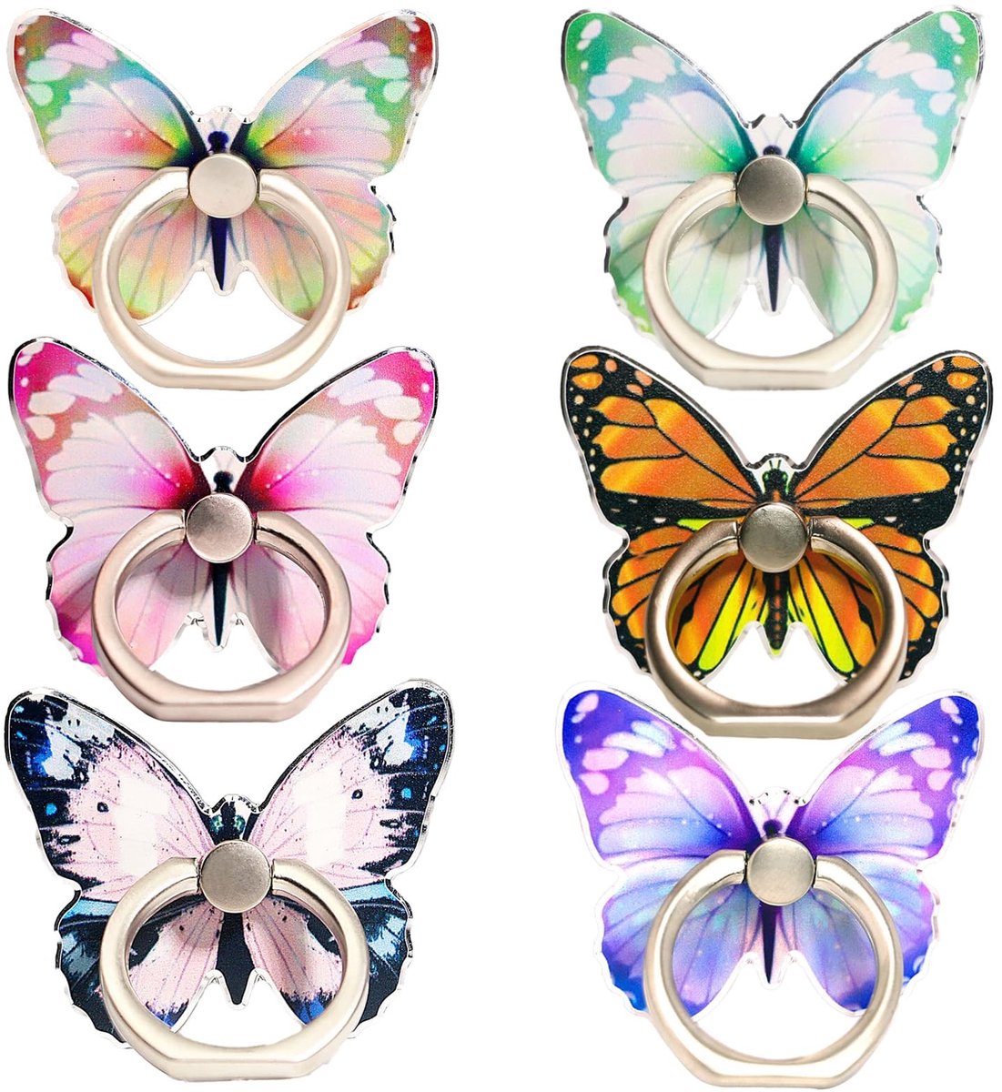 Allecto - Phone Ring Stand - 360° Rotatie - Multicolor - Butterfly Design - Grip voor Smartphones - 6 Stuks