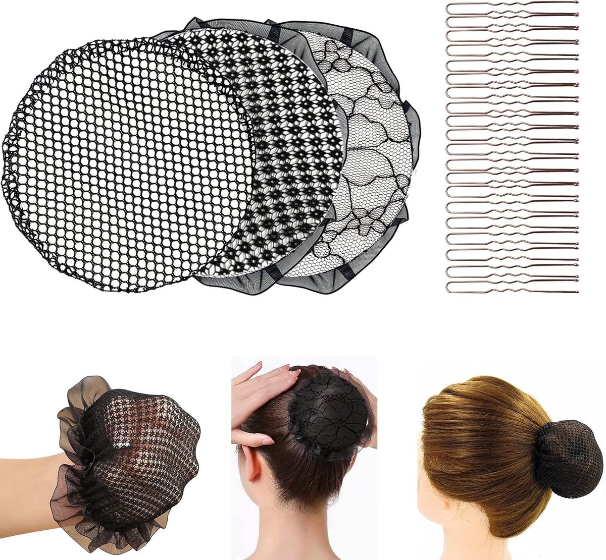 Elastische Haarnetjes voor Buns, Herbruikbare Mesh Haarnetjes met 20 Gouden Haarspelden, Ideaal voor Vrouwen en Feestjes