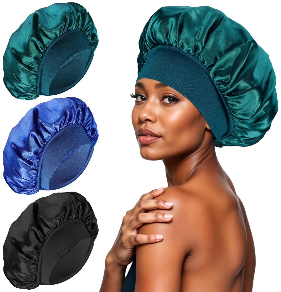 ONF3 - Satin Sleep Cap - Zijde Nachtmuts - Zacht en Ademend - Zwart, Blauw - Haarverzorging - Geschikt voor Vrouwen