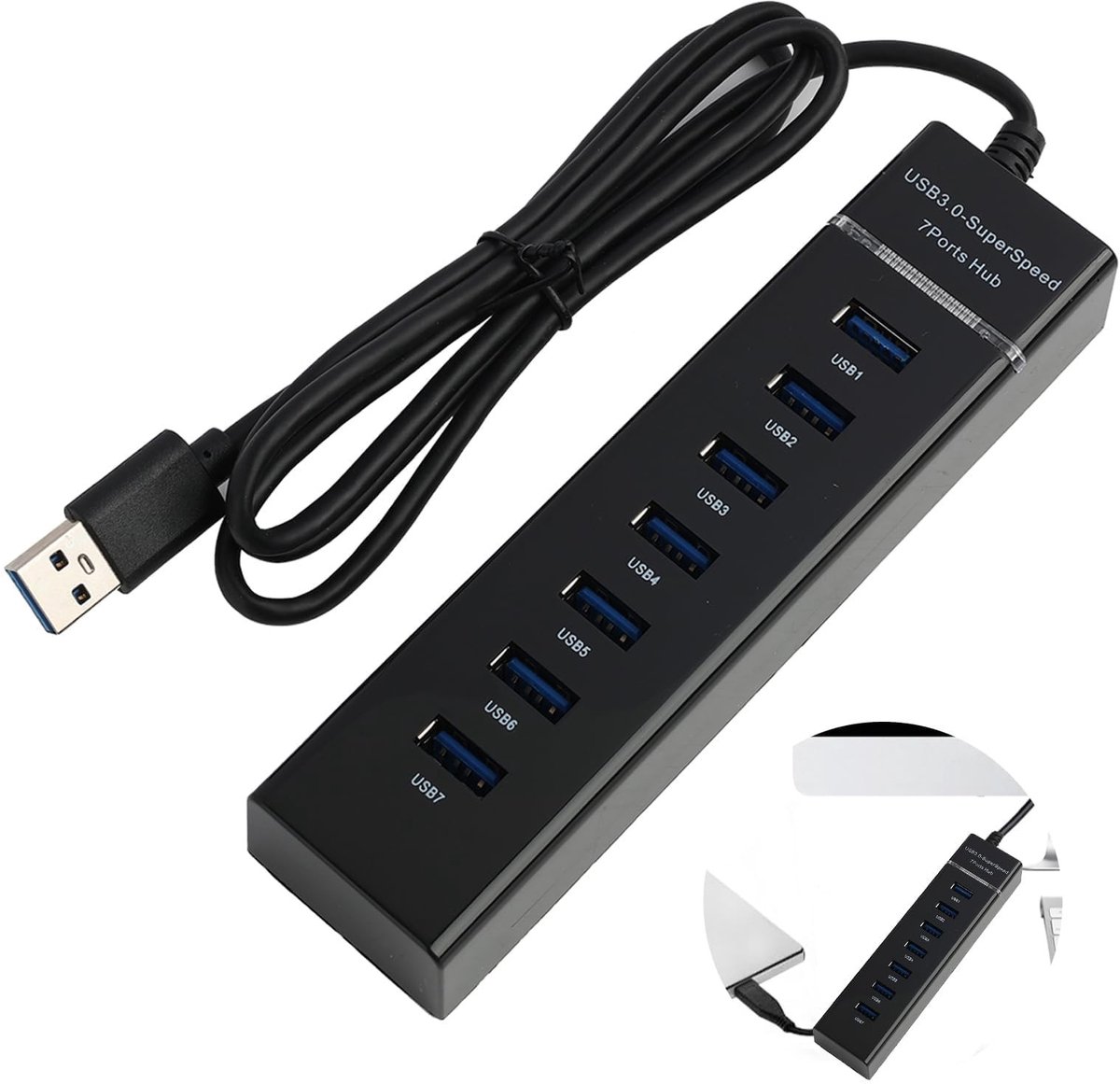 aladdien USB 3.0 - 7 Poorten - Aluminium Design - Zwart - Type C - Ideaal voor Laptop en Game Consoles - Snelle Gegevensoverdracht