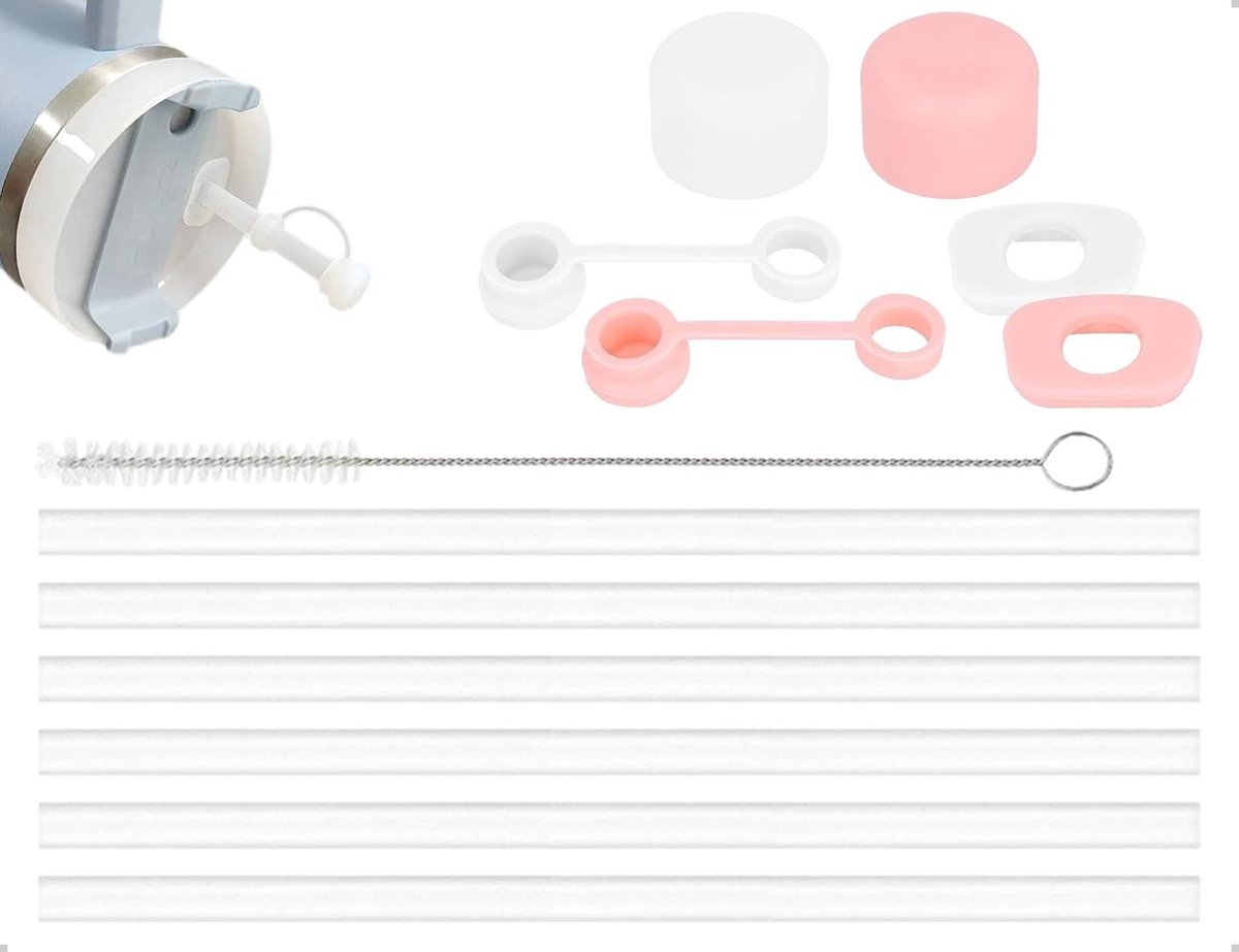 Allecto - Cup Accessoires Set - Herbruikbare Rietjes - Lekvrije Silicone Stoppers - Wit & Roze - Inclusief Reinigingsborstel - Geschikt voor Stanle...