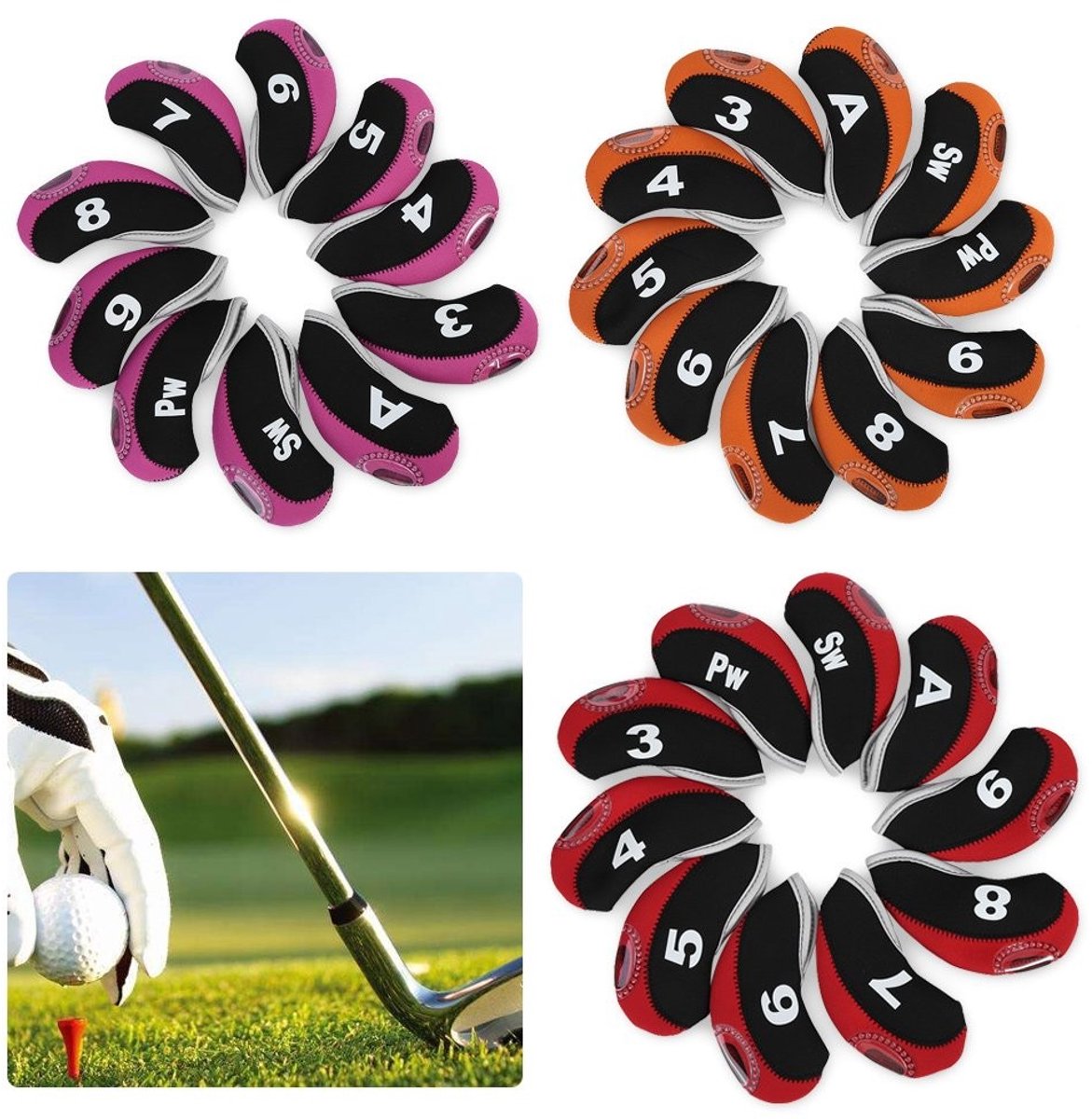 Allecto - Waterproof Iron Head Putter Set - Beschermhoes voor golfclubs - Zwart Oranje - Ideaal voor transport - Set van 10 - Geschikt voor alle go...
