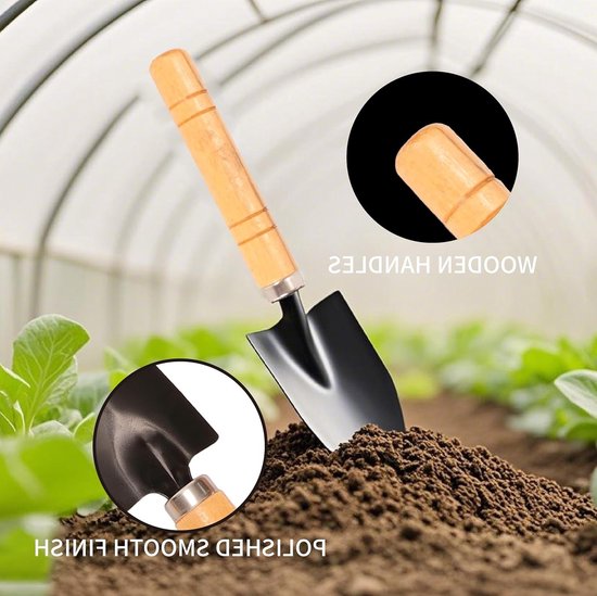 6-delige set met miniatuurtuingereedschap - De set bevat een schepje, harkje en klauwtje voor planten, wieden en grondbewerking - Roestvrij staal met houten handvatten - Ideaal voor balkons, moestuinen en als cadeau voor beginnende tuiniers van Merkloos	 — afbeelding 2