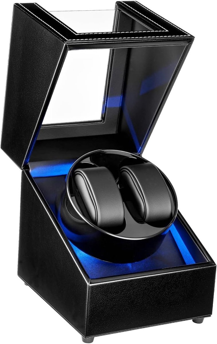 Dubbele Horloge Winder met LED Verlichting voor 2 Horloges, 5 Automatische Rotatiemodi en Opladen via Type C USB - Zwart, Horloge Accessoire, Luxe Bewaring, Horloge Onderhoud