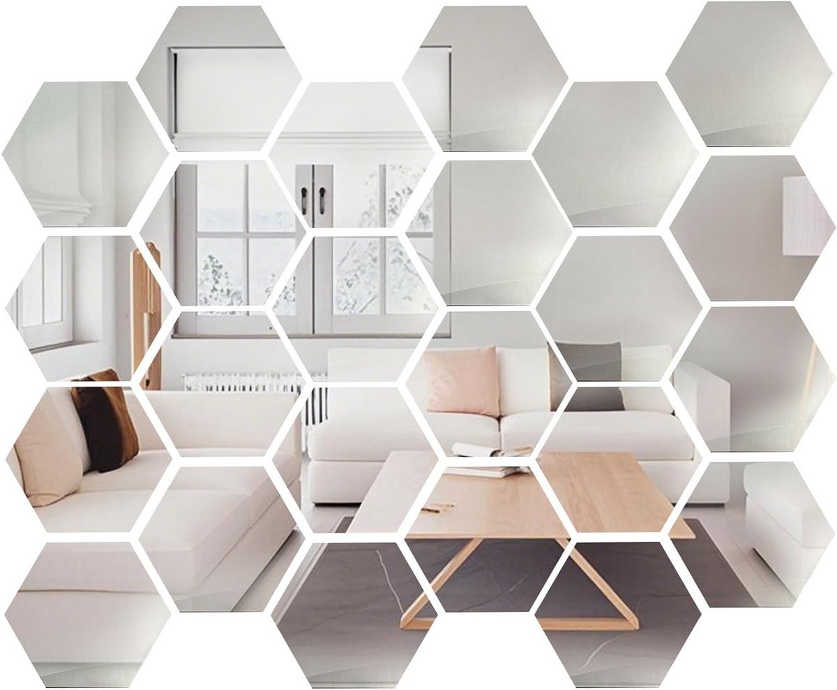 Set van 24 Hexagonale Wandspiegels - Zelfklevende Spiegels voor DIY Decoratie in Woonkamer, Slaapkamer en Achtergrond TV - 126 x 109 x 63 mm