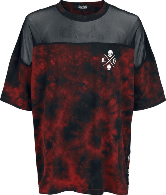 Dames T-shirt met tie-dye print in rood en zwart. Mesh bovenkant en kleine opdruk met schedel en schoppen.
