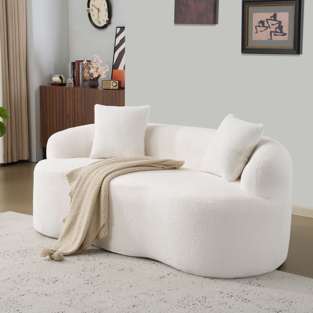 REDOM 2-Zits Bank – Gebogen Bank met Ronde Armleuningen – Minimalistisch Design met Schuim en Veren – Witte Loungebank – 170 x 89 x 70 cm