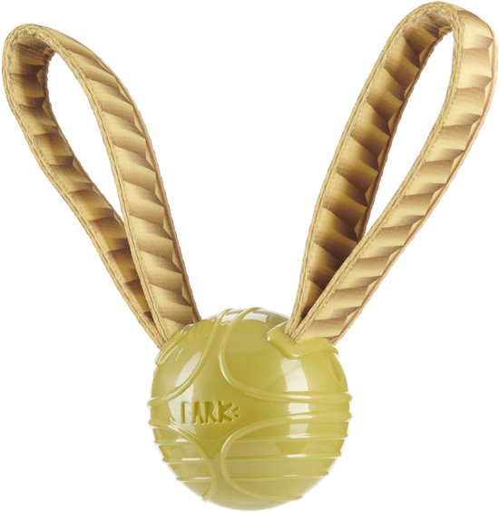 Olijfgroene rubberen bal met 'BARK' logo en twee beige gestreepte stoffen vleugels als trekspeeltje.